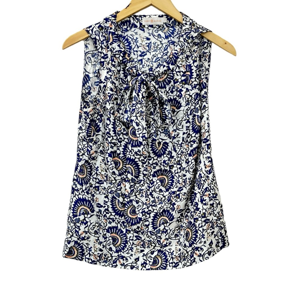 Tory‎ Burch Silk Floral Blouse Top Tie-Neck Sleeveless Blouse Women’s Sz 4 NWOT